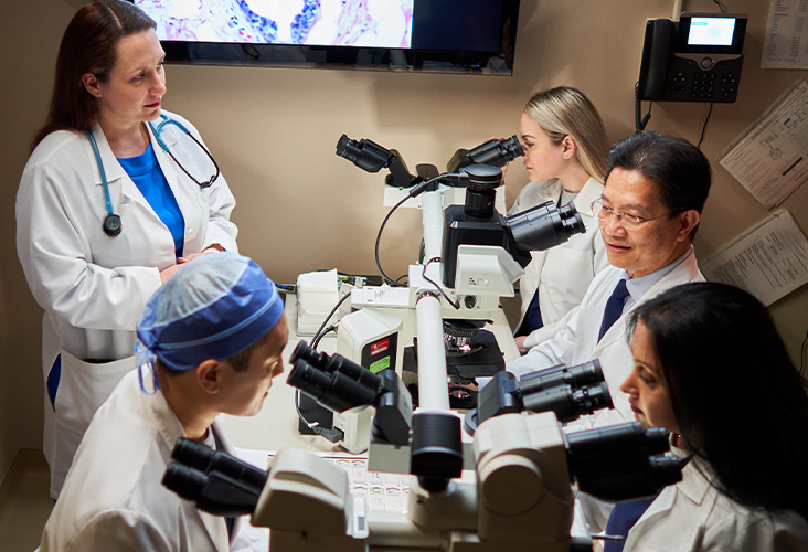 A team of cancer experts looking at samples under microscopes.